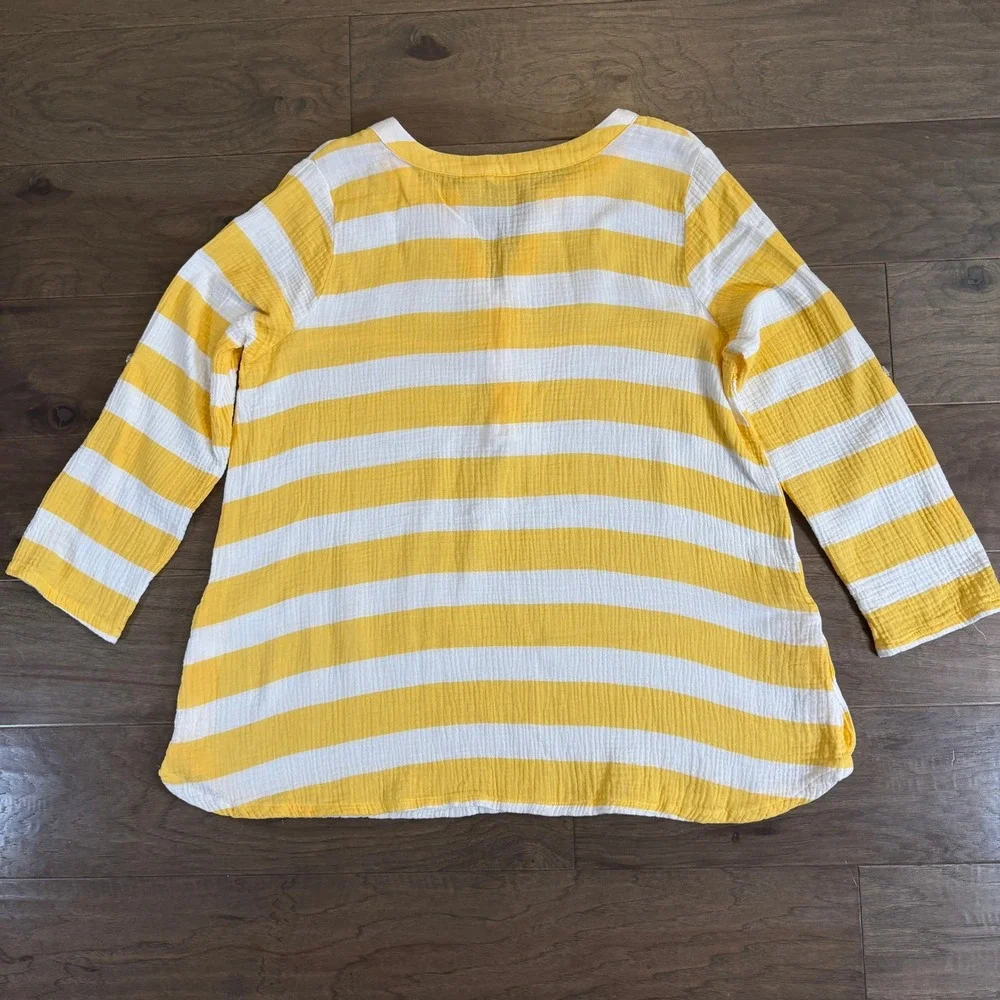 Kaktus Womens XL Yellow White Striped Cotton Gauze Roll Tab‎ Sleeve Tunic Top - Picture 5 of 7